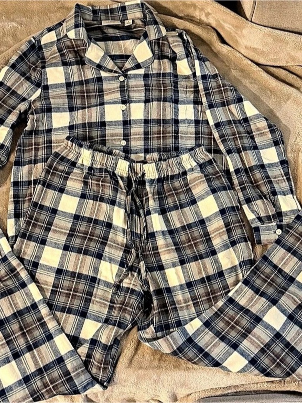 L.L.Bean Flannel Pajama Set Plaid Blue & White Small